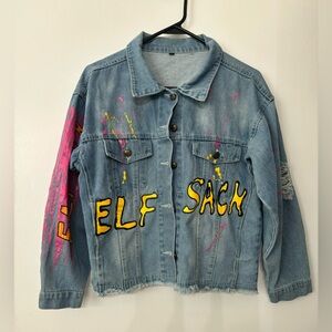 Elf Sack Graffiti Painted Union Jack Denim Jacket Size Small 90s outerwear